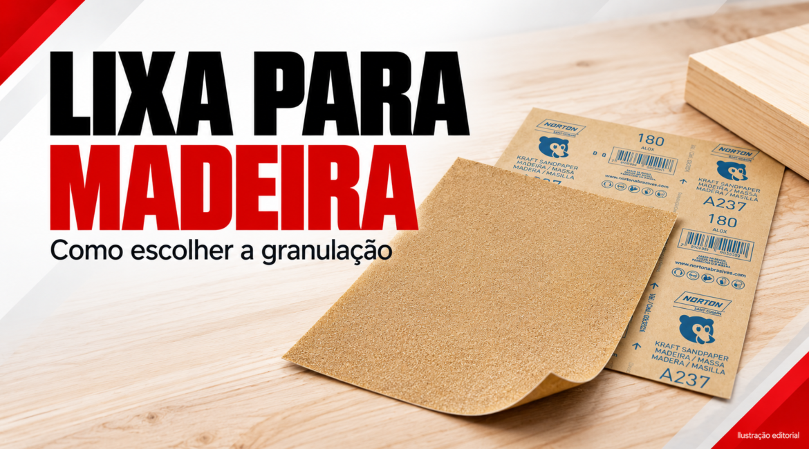 Ilustração editorial: folha de lixa para madeira com frente abrasiva e verso Norton A237, com o título Como escolher a granulação.