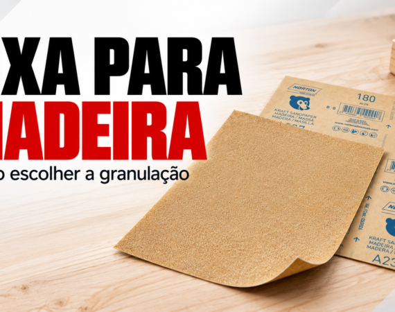 Ilustração editorial: folha de lixa para madeira com frente abrasiva e verso Norton A237, com o título Como escolher a granulação.
