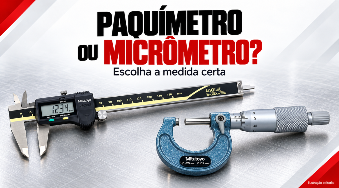 Ilustração editorial: paquímetro digital e micrômetro para comparar instrumentos de medição.