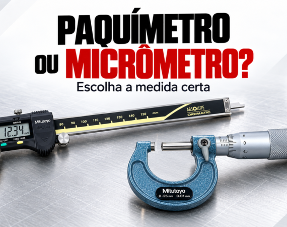 Ilustração editorial: paquímetro digital e micrômetro para comparar instrumentos de medição.