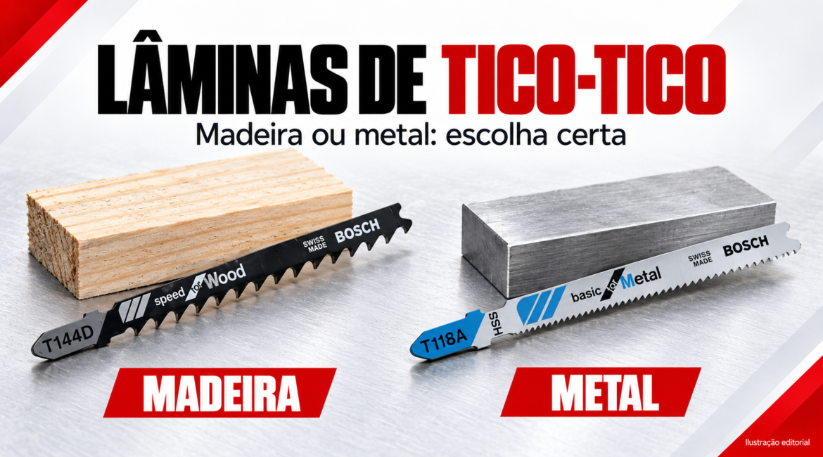 Ilustração editorial: lâmina de serra tico-tico para madeira e lâmina de dentes finos para metal.