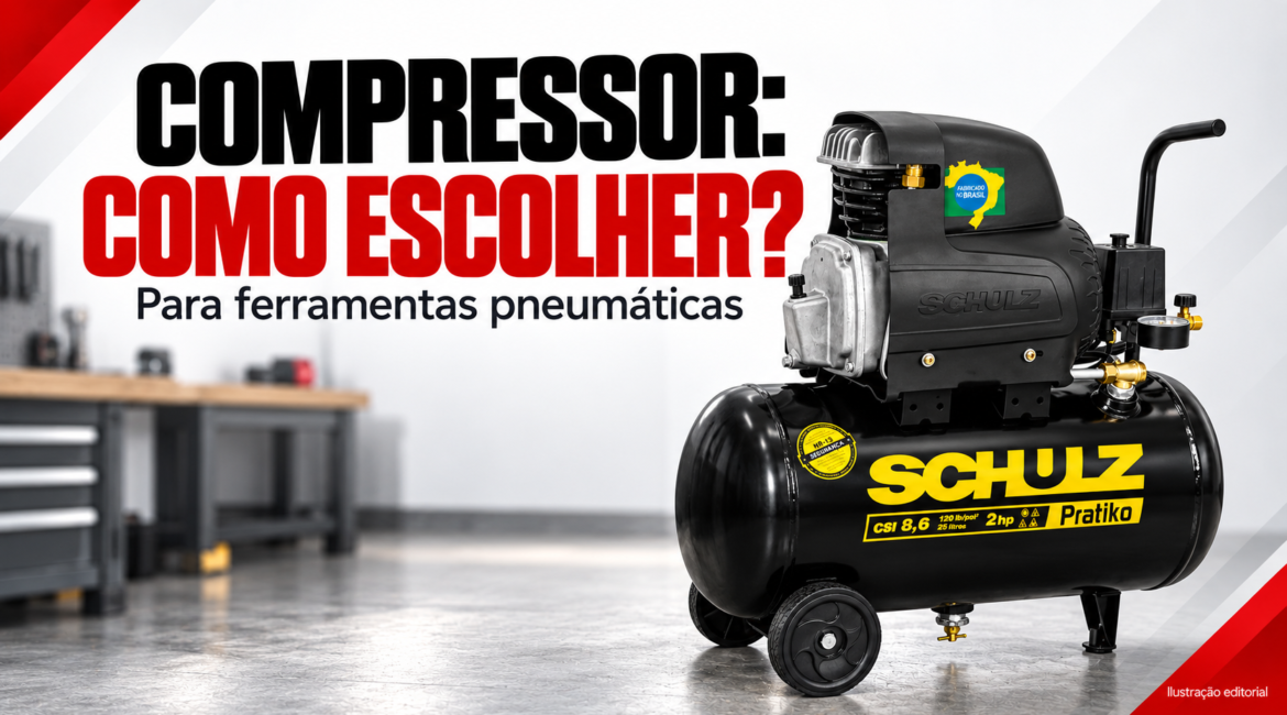 Ilustração editorial: compressor Schulz e o título Como escolher para ferramentas pneumáticas.