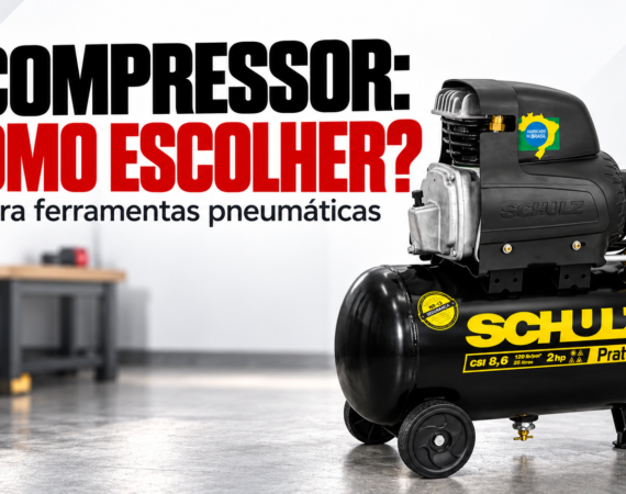 Ilustração editorial: compressor Schulz e o título Como escolher para ferramentas pneumáticas.