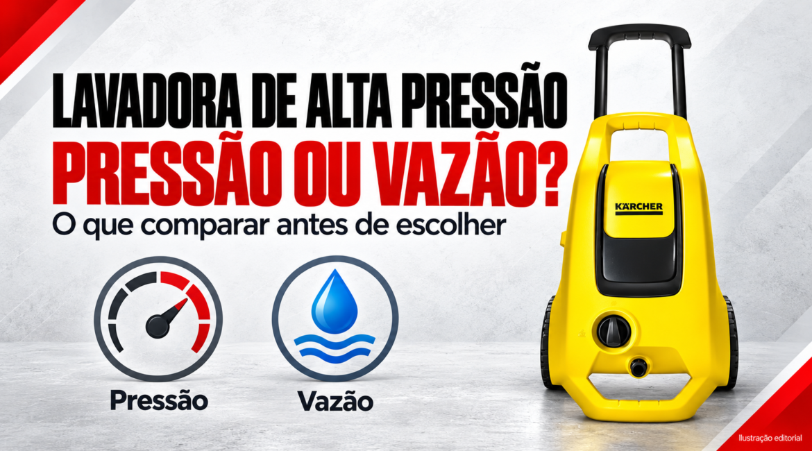 Ilustração editorial: lavadora Kärcher e conceitos de pressão e vazão para comparar equipamentos.