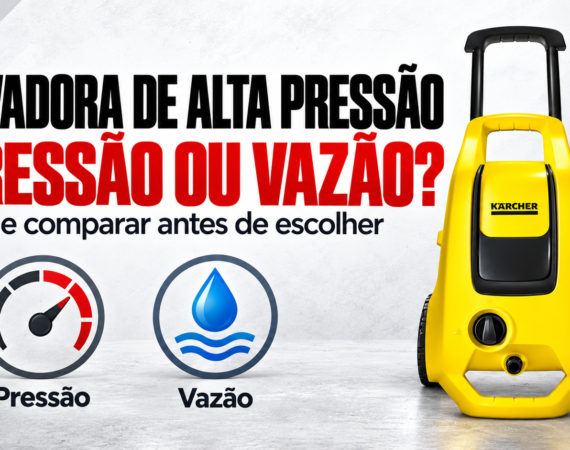 Ilustração editorial: lavadora Kärcher e conceitos de pressão e vazão para comparar equipamentos.