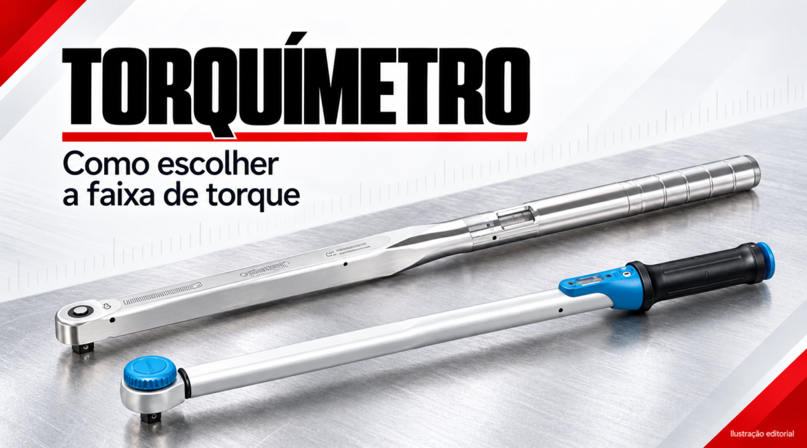 Ilustração editorial: dois torquímetros e o título Como escolher a faixa de torque.