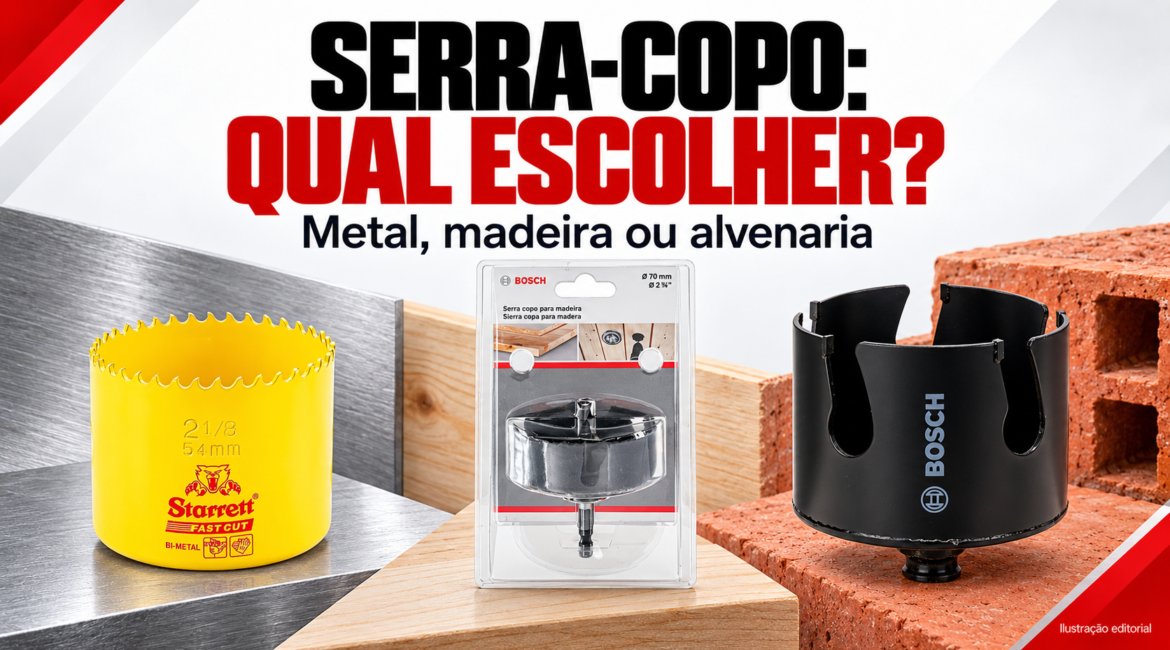 Ilustração editorial: serras-copo para aplicações em metal, madeira e alvenaria, com exemplos Starrett e Bosch.
