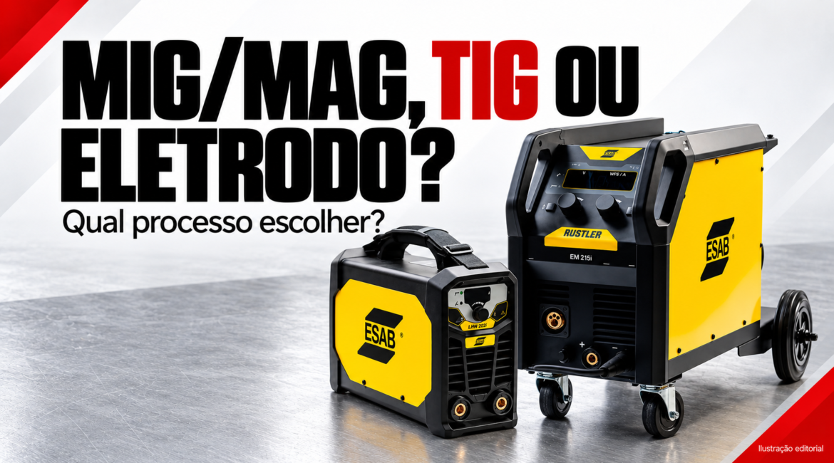 Ilustração editorial sobre a escolha entre MIG/MAG, TIG e eletrodo, com dois exemplos de equipamentos ESAB; as capacidades variam por modelo.