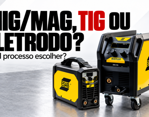 Ilustração editorial sobre a escolha entre MIG/MAG, TIG e eletrodo, com dois exemplos de equipamentos ESAB; as capacidades variam por modelo.