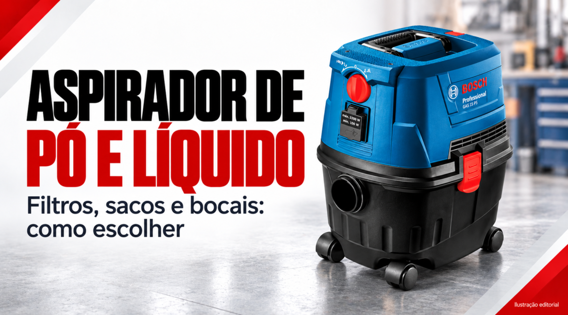 Ilustração editorial: aspirador Bosch de pó e líquido com o título Filtros, sacos e bocais: como escolher.