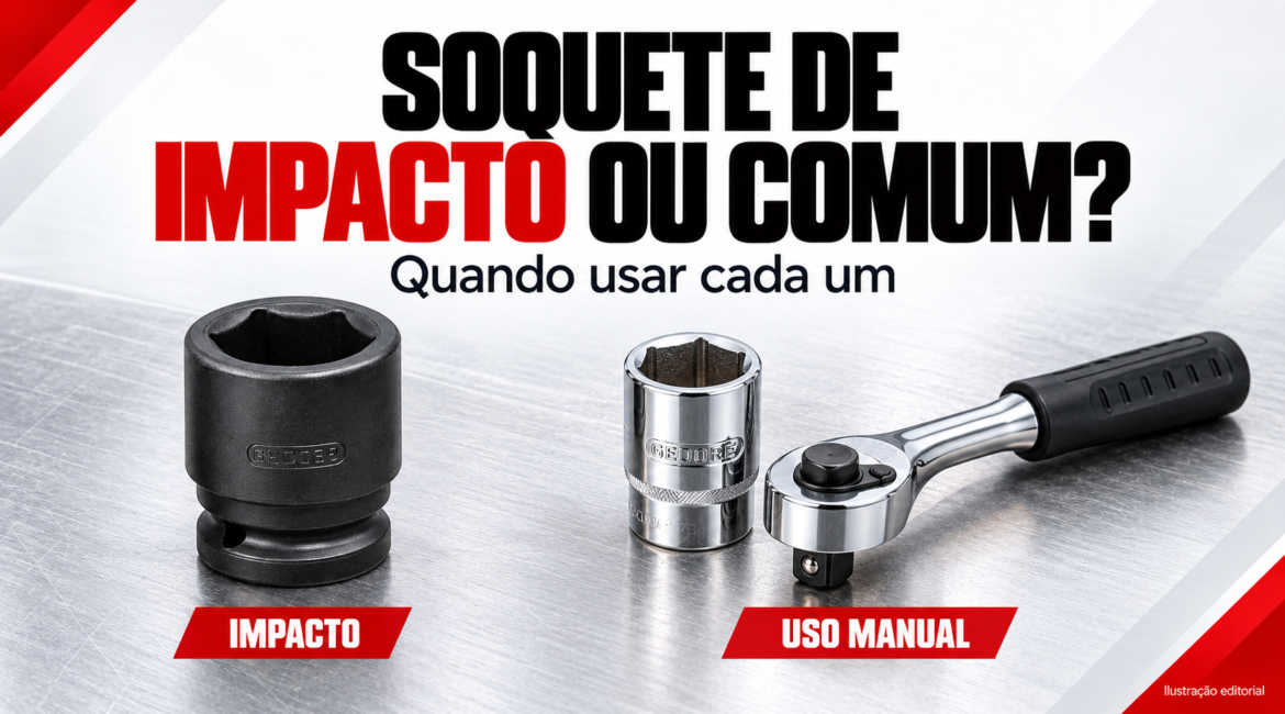 Ilustração editorial: soquete de impacto preto e soquete cromado de uso manual, com o título Soquete de impacto ou comum?