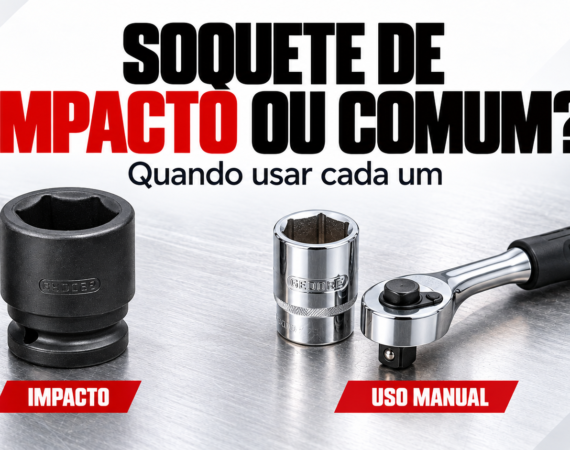Ilustração editorial: soquete de impacto preto e soquete cromado de uso manual, com o título Soquete de impacto ou comum?