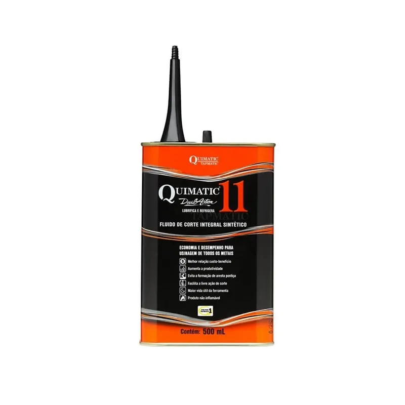 Embalagem laranja e preta do fluido de corte Quimatic 11 de 500 mL, com bico aplicador