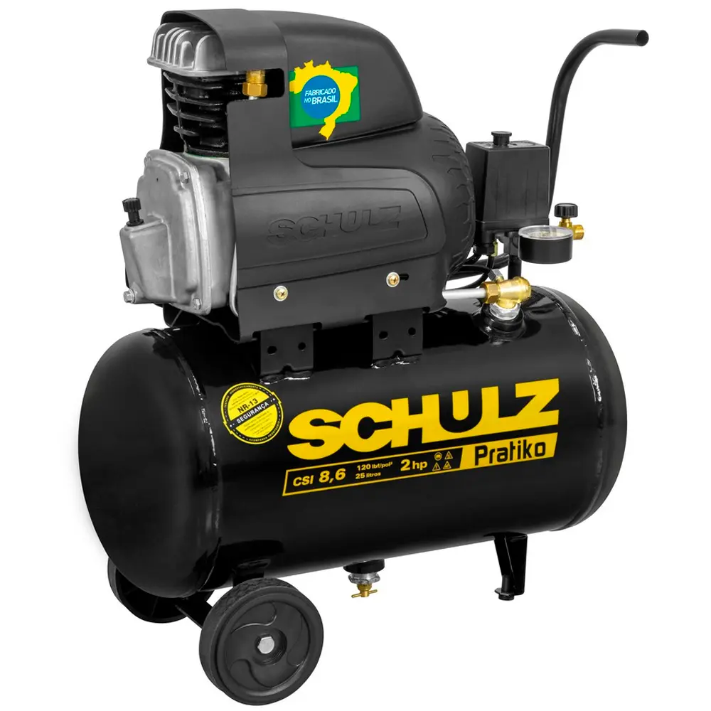 Compressor Schulz Pratiko CSI 8,6/25, com reservatório preto, rodas e alça de transporte.