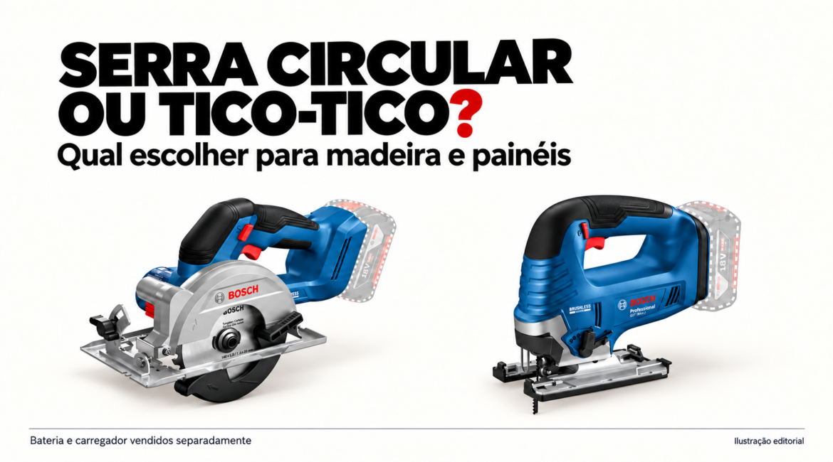 Ilustração editorial de uma serra circular Bosch e uma serra tico-tico Bosch, com o título “Serra circular ou tico-tico?” e aviso de que bateria e carregador são vendidos separadamente.