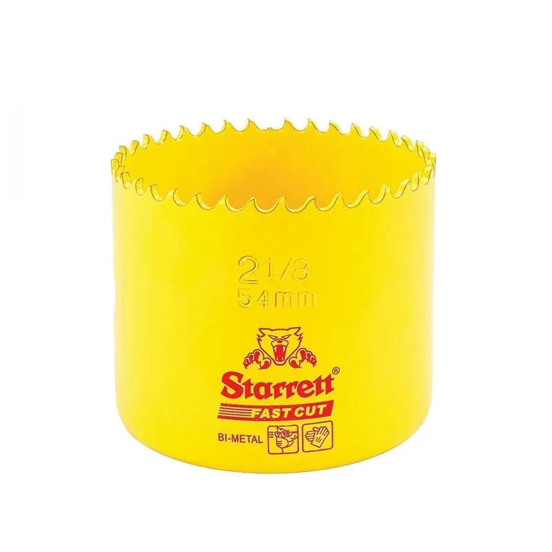 Serra-copo amarela Starrett Fast Cut bimetálica, com marcação de 54 mm, sem suporte montado.